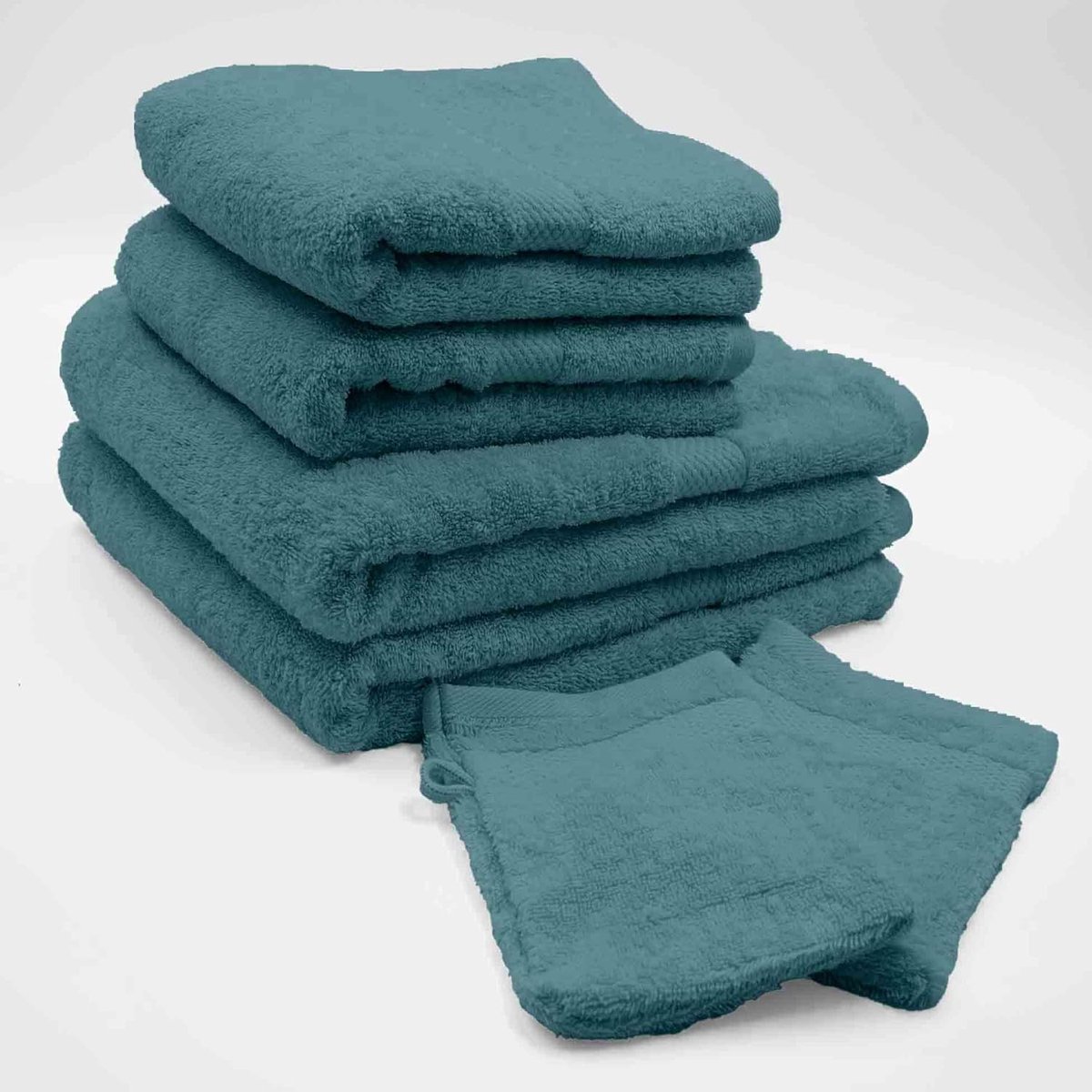 D'Intérieur, Set van 2 handschoenen (15 x 21 cm), 2 handdoeken (50 x 90 cm) en 2 douchehanddoeken (70 x 130 cm), badstof, effen, elegant, blauw