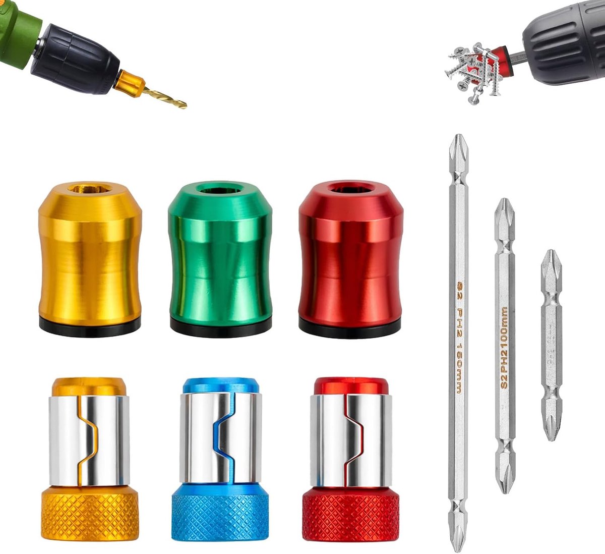 6st Sterke Magnetische Schroefring met 3st Ph2 Schroevendraaierbit, Universele Schroevendraaierkop Magnetische Schroefhouderschaal voor De Meeste Zeskantschroevendraaiers & Machtbits