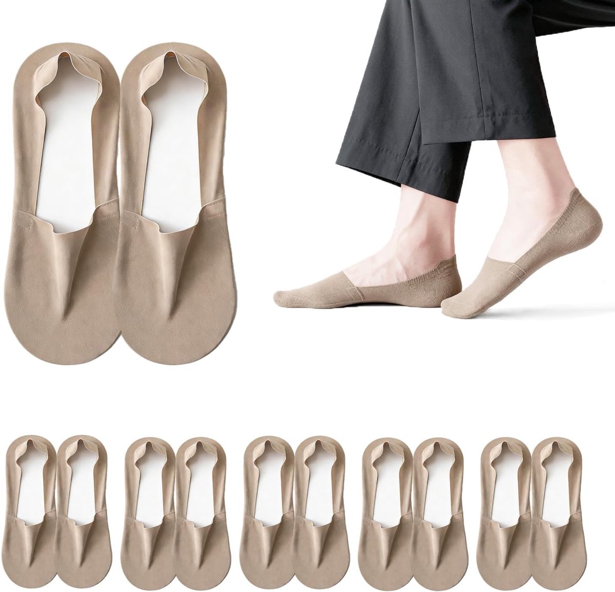 6 paar heren invisible sokken, ultra-dun, ademend en antislip, lage uitsnede, geschikt voor sneakers, loafers en trainers, Beige