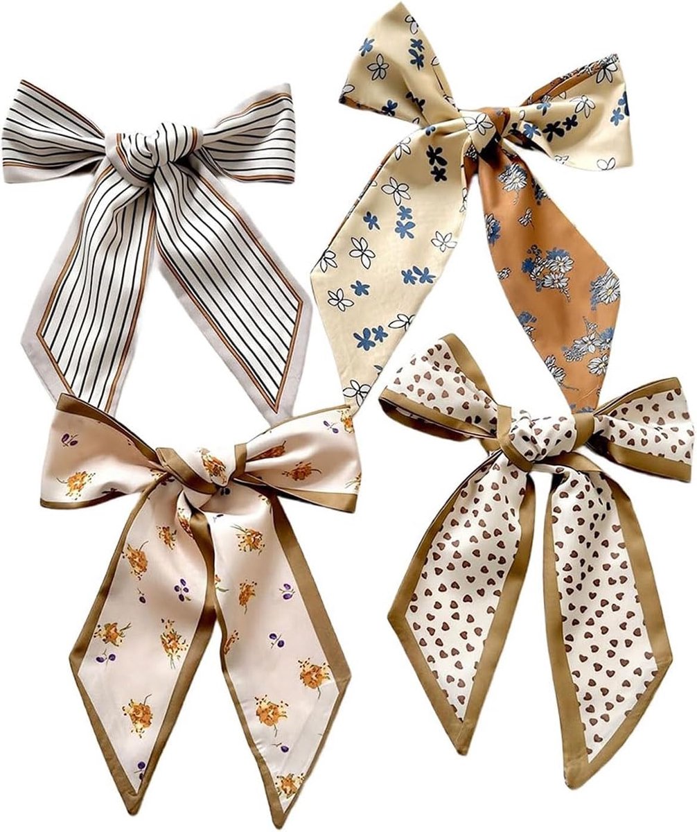 4 stuks smalle halsdoek Damen Set, Elegante halsdoeken, Modisches Satintuch für Handtaschen, Haar, Hals, Geschenk für Damen(Braun)