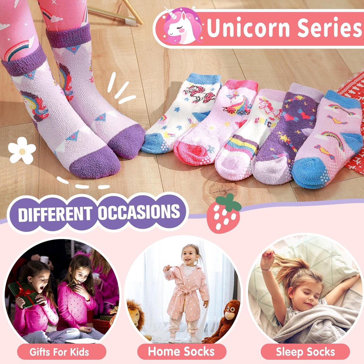 Kinderen Meisjes Dreumesen Pluizige Grip Sokken met Grijpers Anti-Slip Donzig Warm Knus Cabin Plush Crew Sokken 6 Paren