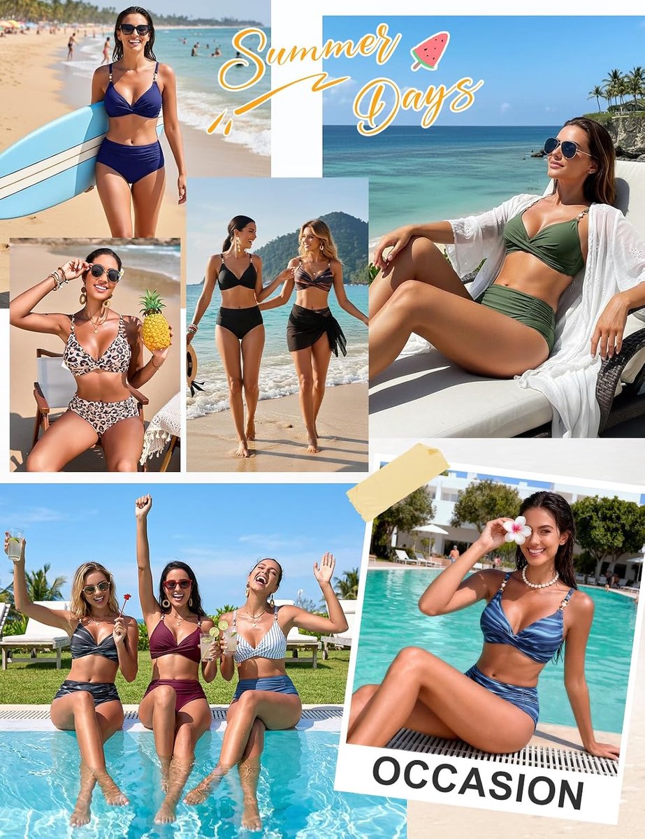 Badpak voor dames, sexy, hoge taille, tweedelig, met parels, V-hals, push-up bikini, gewatteerd, elegante beachwear, badmode voor strand en zwembad