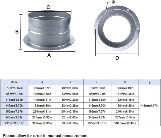 195 mm / 7,67 inch, verzinkte stalen buis aansluitflens, ronde fitting voor flexibele of starre buizen, ronde interface luchtkanaal voor montageplaat van luchtslang in kweektent — afbeelding 4