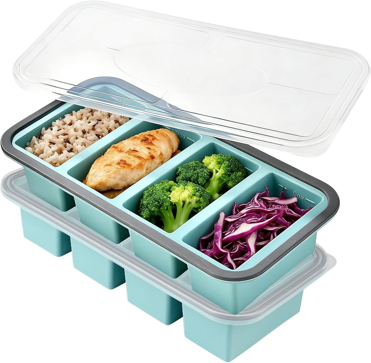 2 stuks siliconen vriesdozen met antiaanbaklaag, met deksel, 4 soepblokjes, stapelbaar, BPA-vrij, vaatwasmachinebestendig, siliconen vriesvorm voor soep, saus, bouillon en babyvoeding (4)