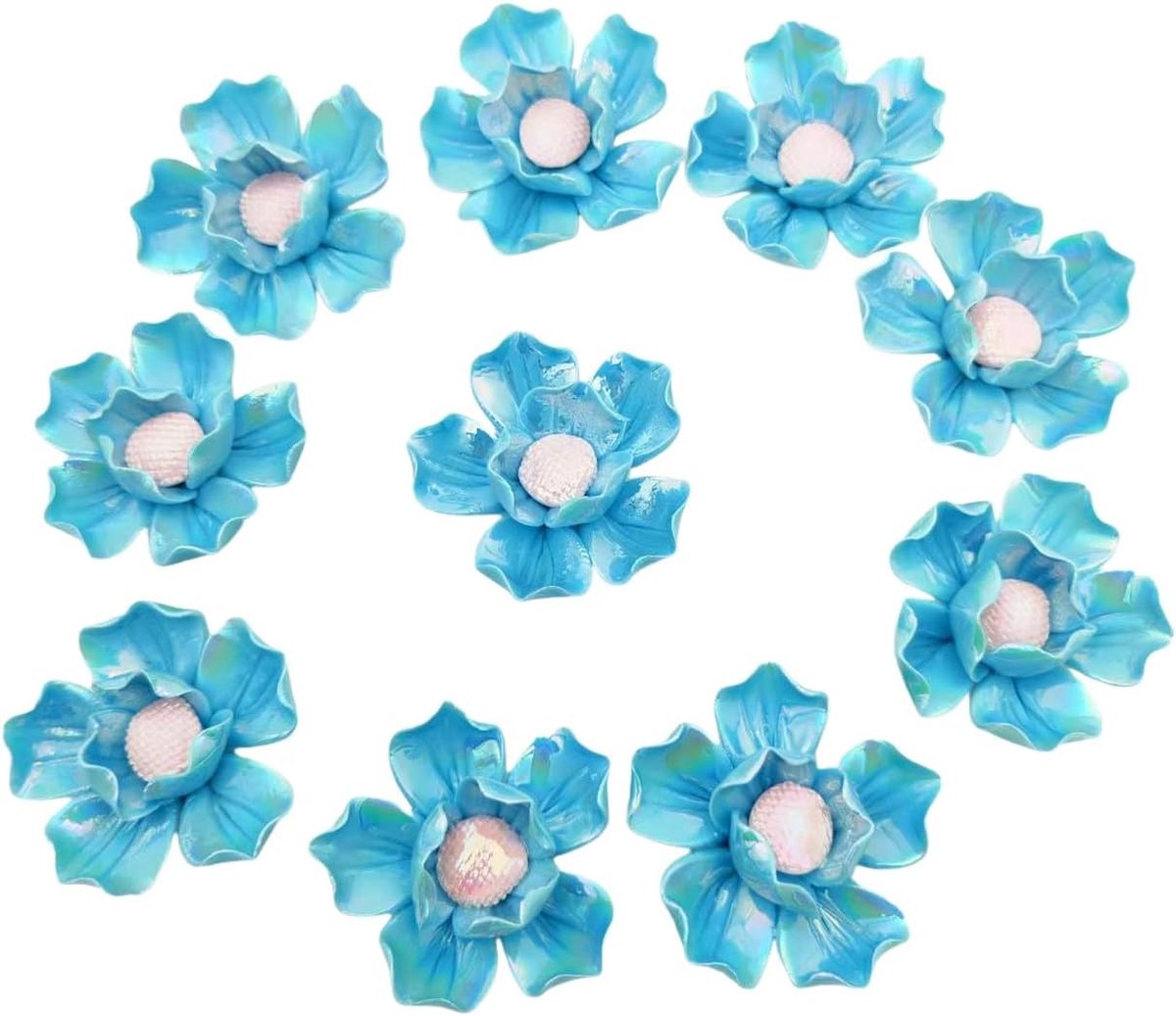 10 stuks 3D-bloem keramische tegels, 4 cm handgemaakte Pro-keramische bloemen voor kunstwerk, vistank, vazen, woonkamer, eettafel, kantoor, thuis bloemendecor (dubbelbloemig iriserend blauw)
