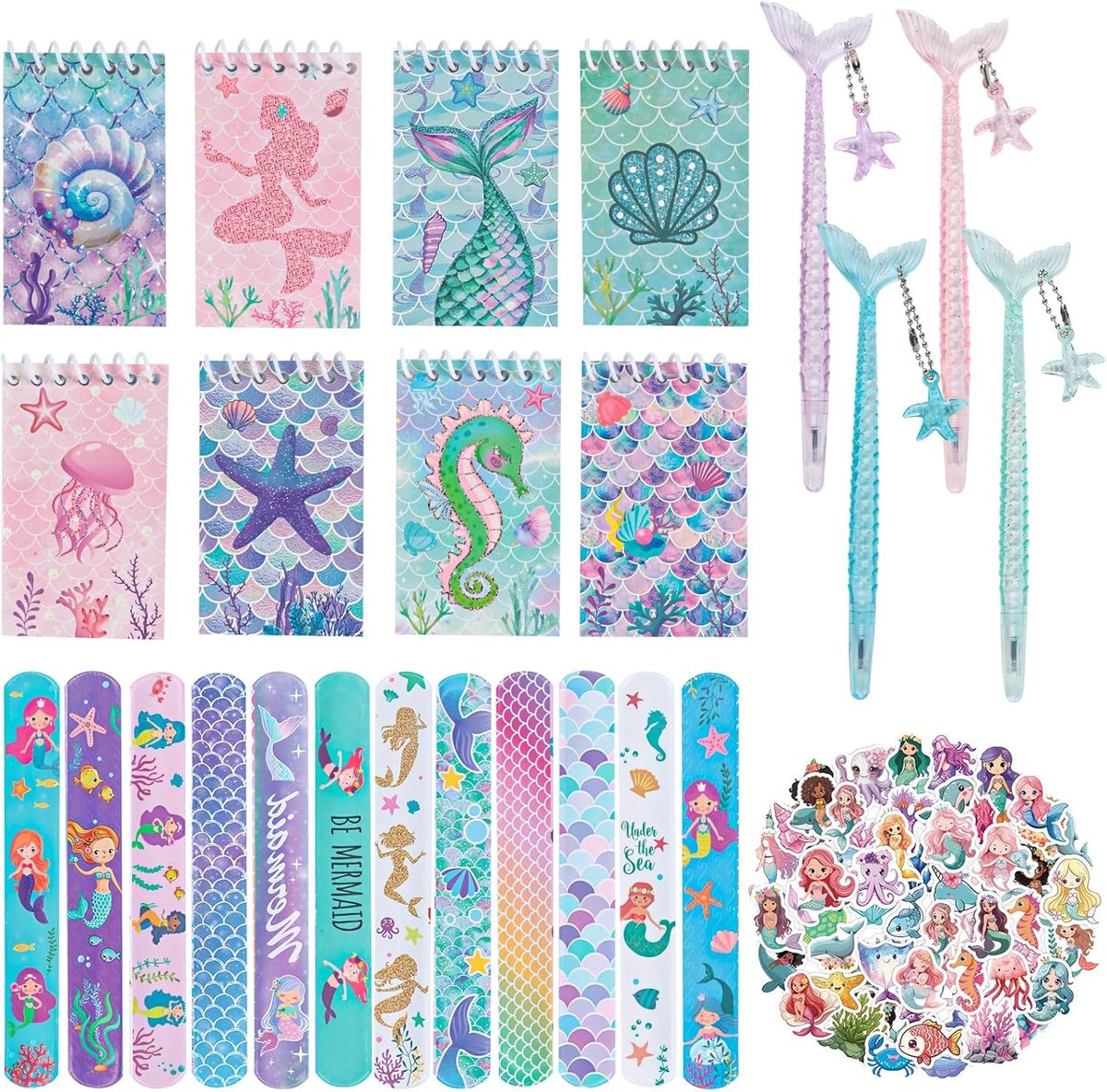 Feest, verjaardag, kinderen, 8 spiraalvormige notitieblokken, 8 neutrale potloden, 12 armbanden, 50 stickers, zeemeermin, schoolbenodigdheden, set voor meisjes, gasten