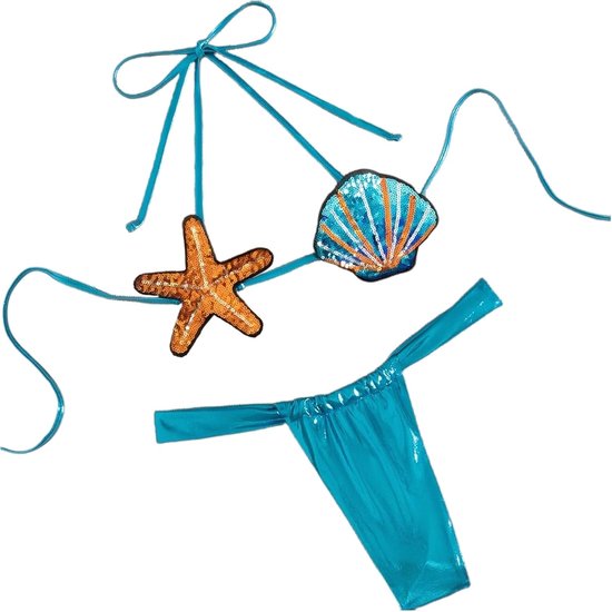 Glanzend Metalliic Badpak Voor Vrouwen Tweedelige Strappy Bikini Set Shell Vorm Extreme Micro Kleine Badmode met String — afbeelding 3