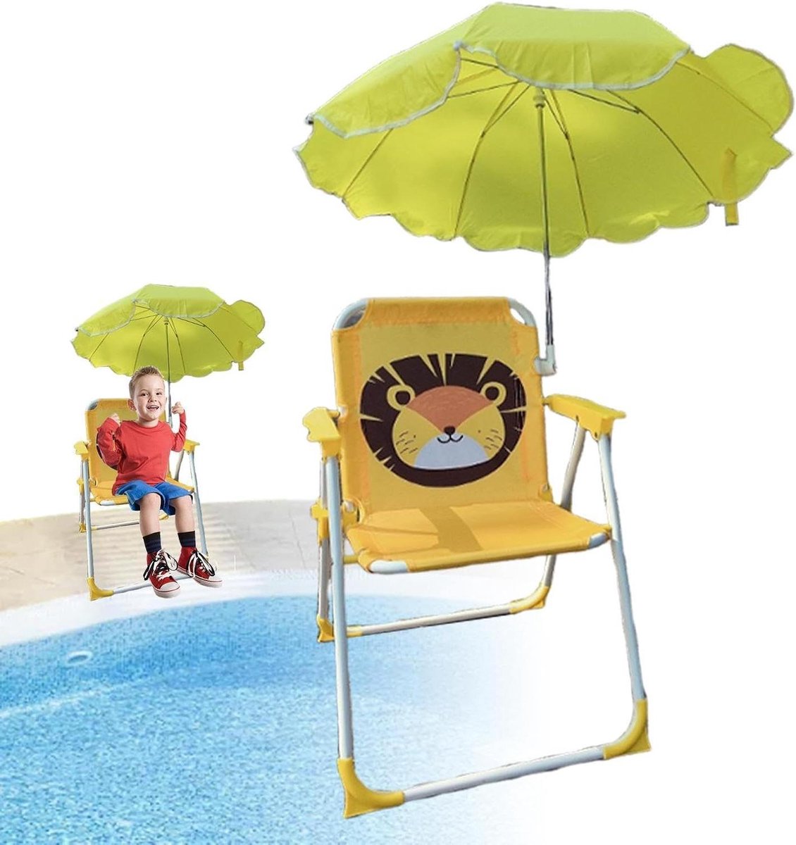 Kinder Parasol Stoel - Opvouwbare Buitenzitplaats - Buiten Zitten - Met Afneembare Parasol - 38x52 cm - Leeuw