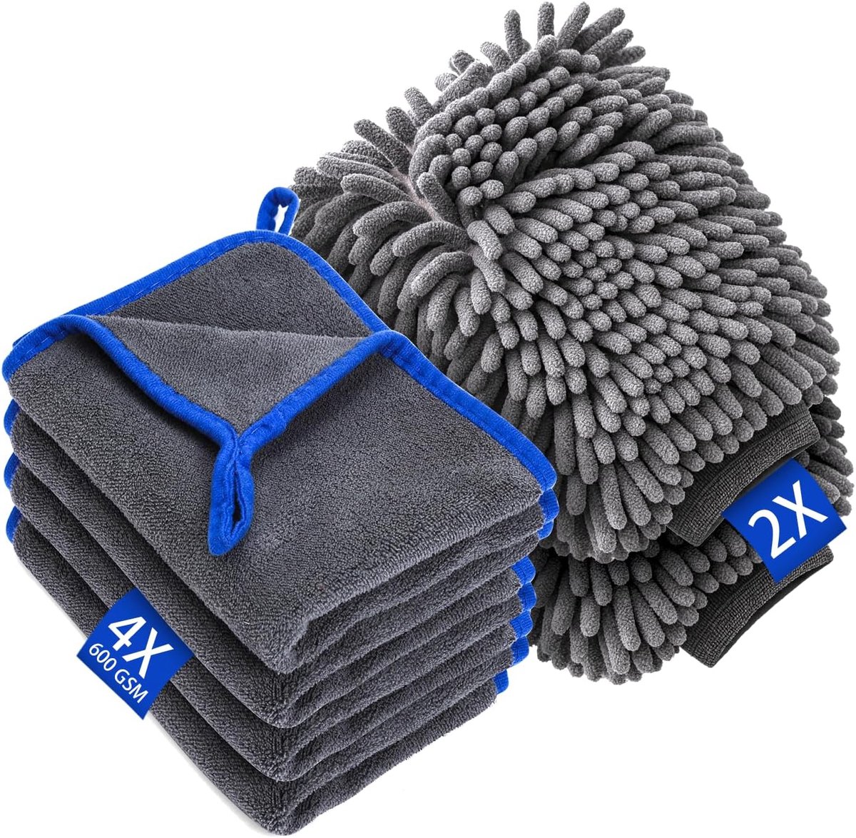 Auto reinigingsset - 4 microvezeldoeken en 2 microvezelhandschoenen - extra absorptie en zachte structuur - SnelShoppen