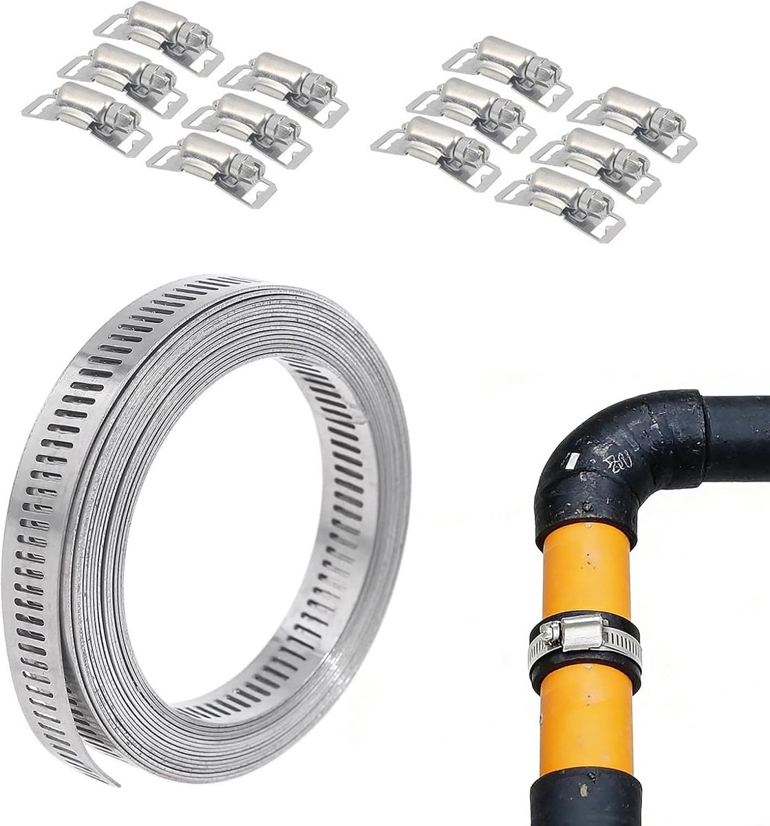 Hose Clamp Kit 3 Meter - RVS Slangklem Tape - 12 Verstelbare Klemmen - Ideaal voor DIY Projecten - SnelShoppen