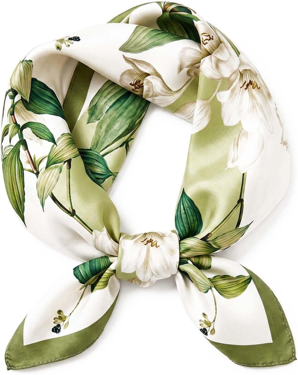 Damessjaal 53 x 53 cm - 100% moerbeizijde - groene halsterrand - ideaal voor reizen - SnelShoppen