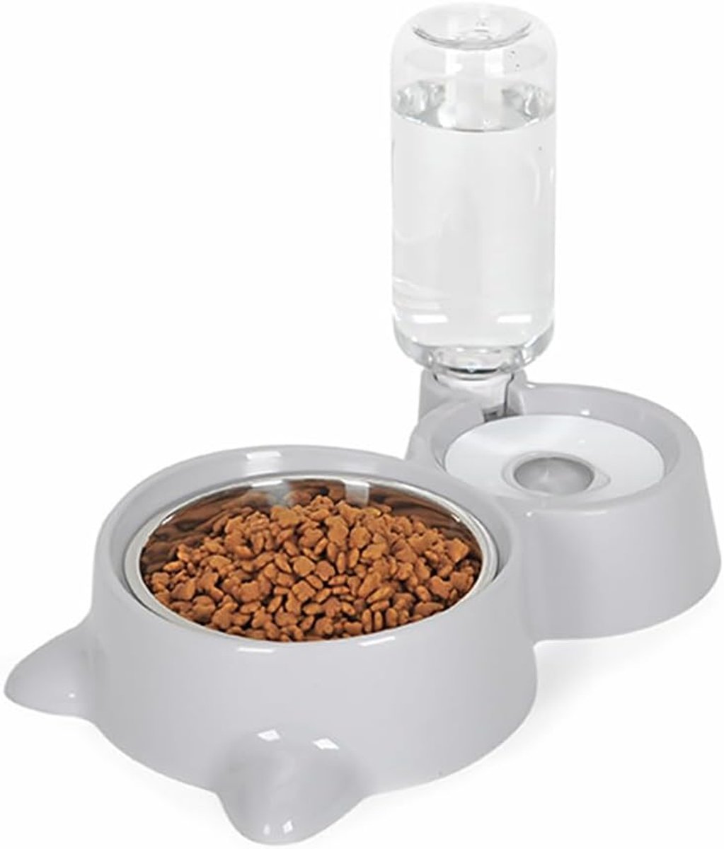 Voerbak voor huisdieren - Voer- en waterbakset voor honden en katten met waterdispenser -geschikt voor katten, honden, puppy's en konijnen - Grijs