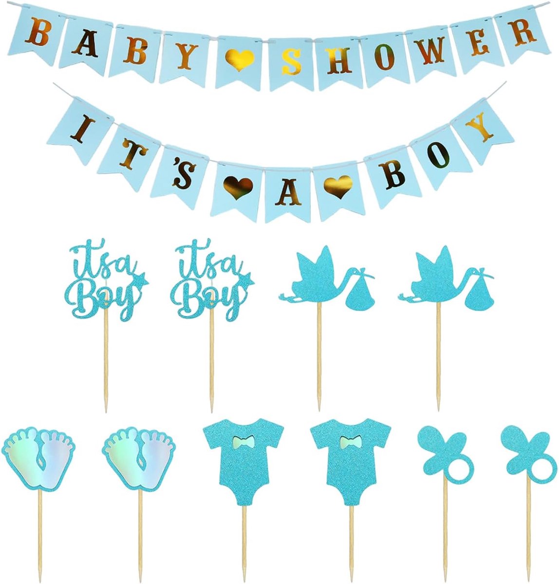 Cakedecoraties set - 1 set vlaggenletters en 10 taartkaartjes - blauwe kleur - ideaal voor jongensfeestjes - ShopVlot