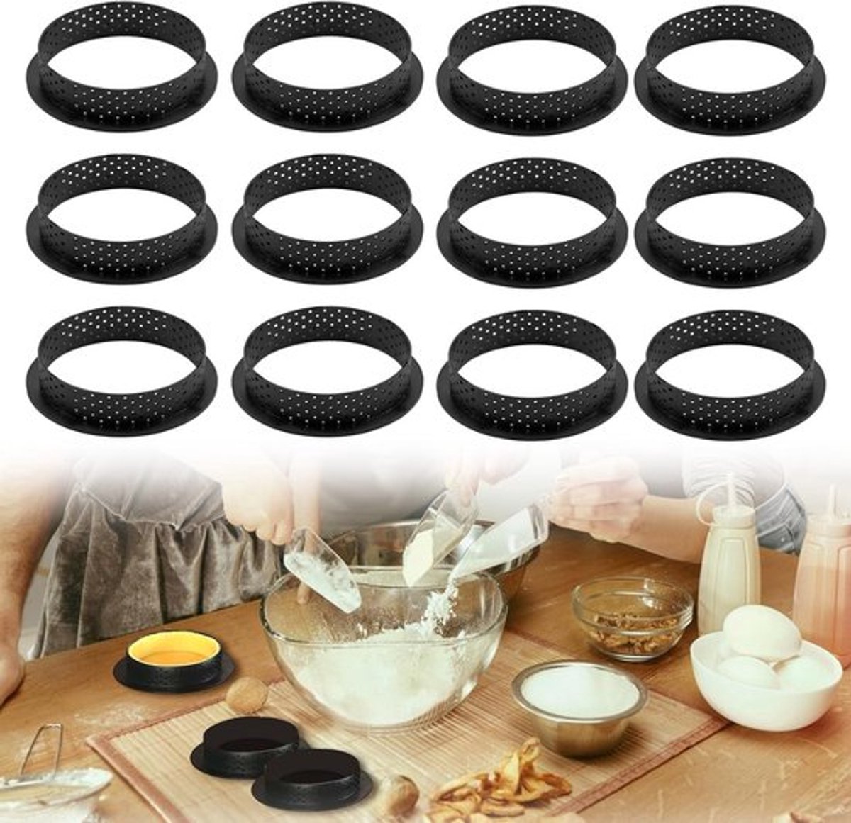 Moussering met 12 stuks - Taartvorm met gat - Rond - Nylon - DIY - Taartringen - Ideaal voor het bakken van gebak, cakes en desserts - Herbruikbaar - Bakgereedschap - Gemakkelijk schoon te maken - Taartvorm - 9.7 x 2 cm - Zwart
