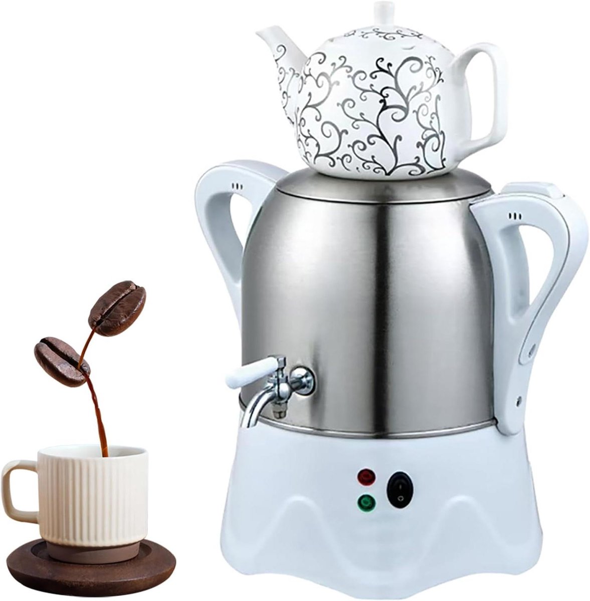Elektrische Theemaker Samovar - Waterkoker Theepot - Thee Zetten - Dubbele Pot - 3L + 1L - Wit