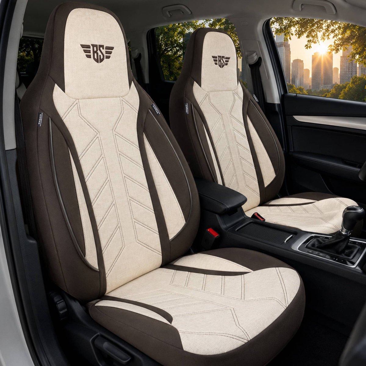 Autostoelhoezen voor Hyundai Tucson BJ vanaf 2020 – Stoelhoezen voor bestuurder en passagier in Bruin/Beige