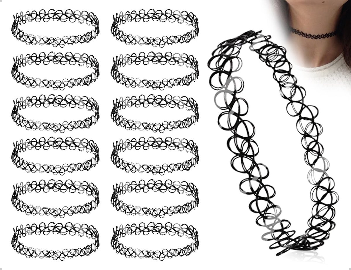 Halskettingen set 12 stuks - elastische nekband - punk tattoo stijl - trendy accessoires voor feesten - SnelShoppen