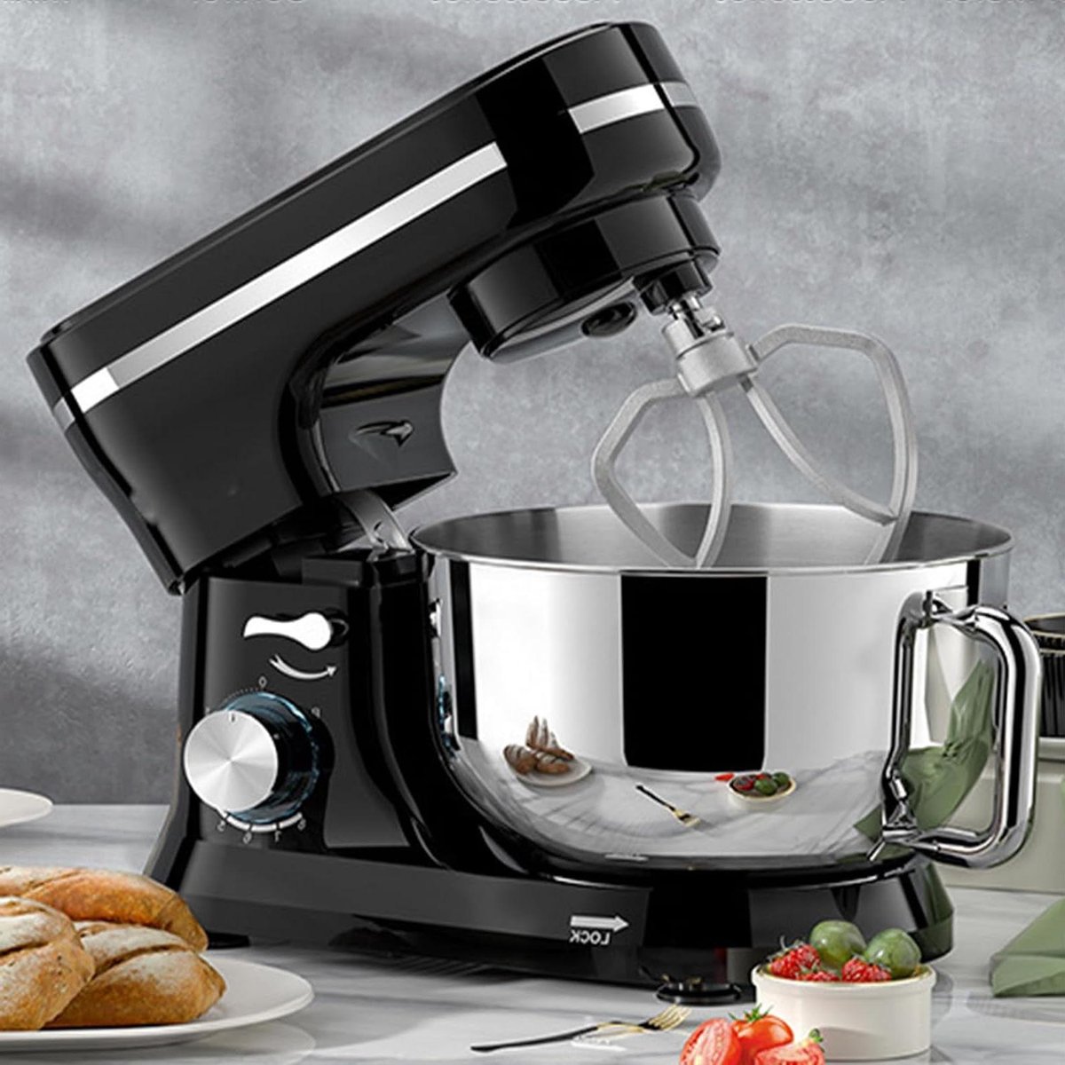 Keukenmixer - Standmixer Deegmixer - Bakken en Koken - Kantelkop met Spatbescherming - 5 Liter Kom - Zwart