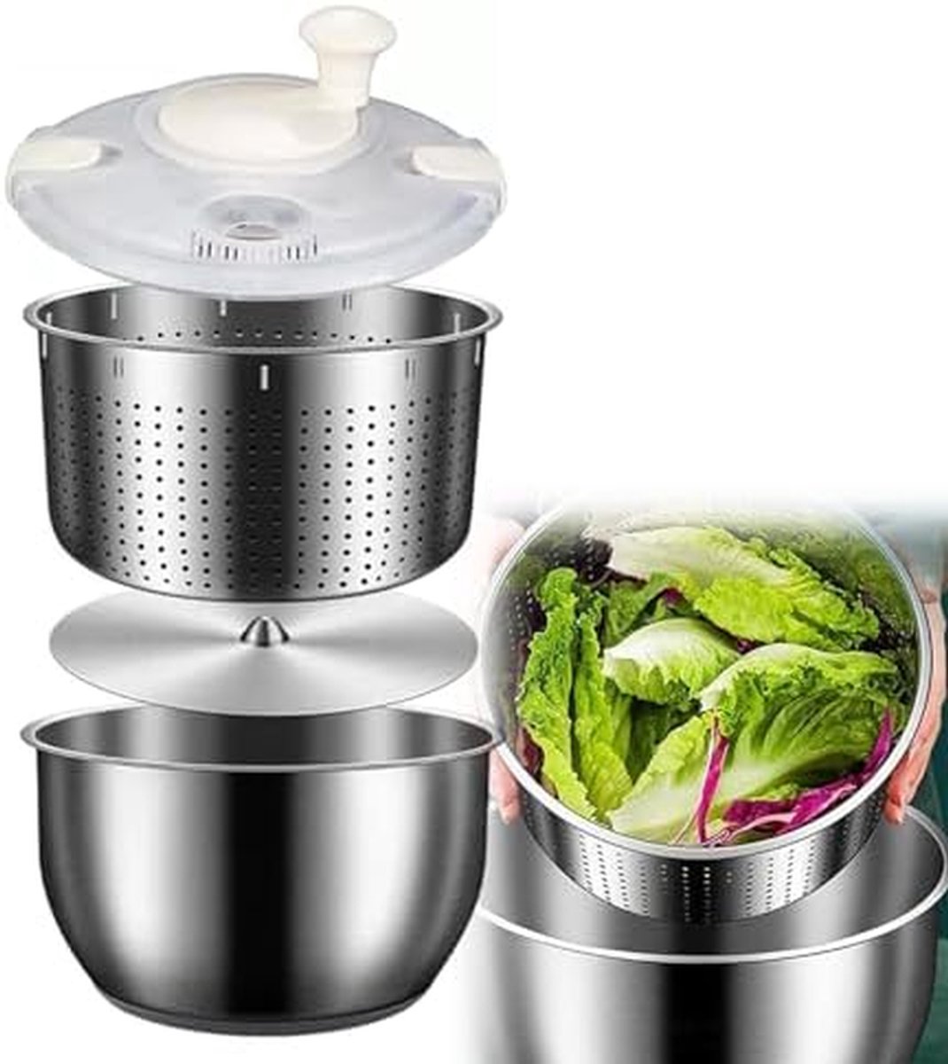 Slacentrifuge - Groentewasmachine Saladedroger - Efficiënte voedselbereiding - Geïntegreerd drainagesysteem - 6 liter capaciteit - Roestvrijstaal