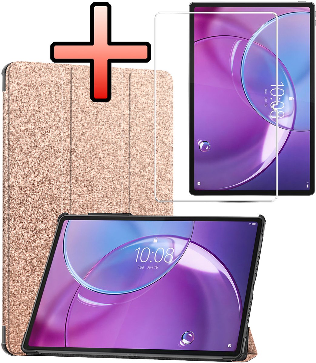 Hoes - Geschikt voor Lenovo Idea Tab Pro Gen 2 - Met Screenprotector - Trifold Bookcase - Hard Cover - Hardcover Book Case - Tablet Hoesje - Rosé goud