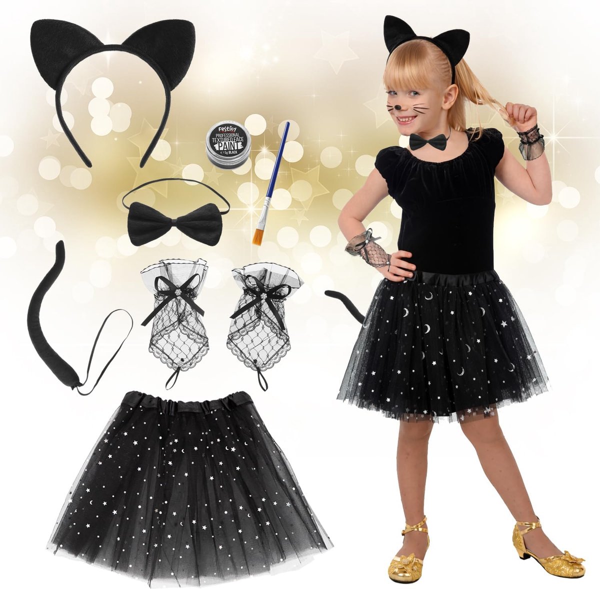 Thijox - Festicy Kattenkostuum Kinderen Set I Compleet Carnavalskostuum met Haarband, Halsband, Handschoenen en Make-up I Geschikt voor Kinderen tot 1