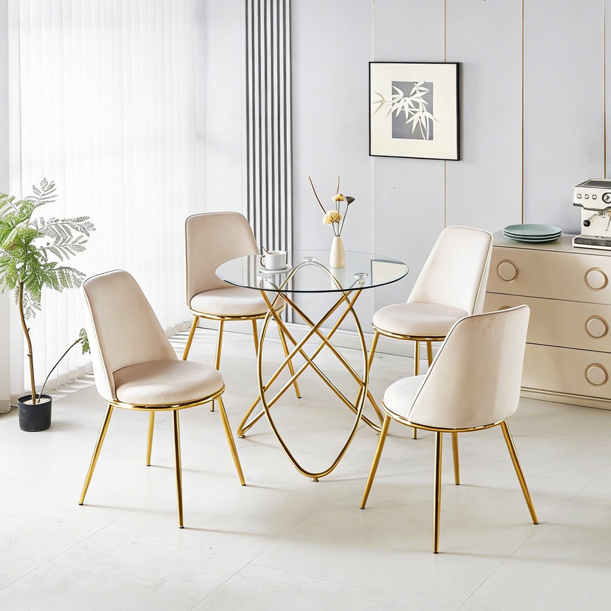 COVREO Eettafel en stoelen 80x80x75 cm crème wit, metaal, 4 stoelen