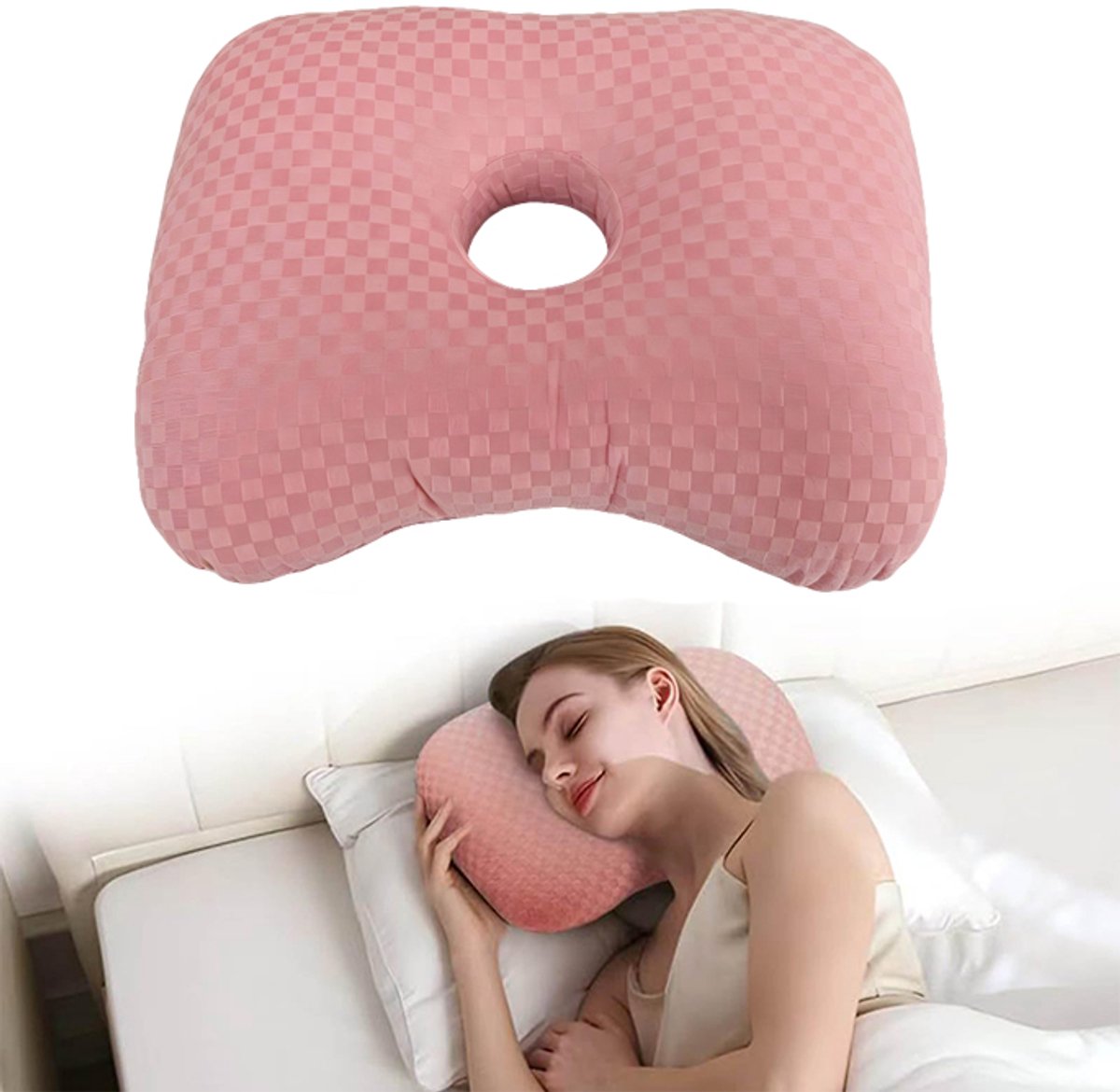 Oorpiercingkussen - Orthopedisch oorkussen met piercing - Zijslaapkussen - Oorbeschermingskussen - Oorsteunkussen - 44*32*10 cm - Geschikt voor het verlichten van oorpijn, slapen, rusten, enz. - Roze
