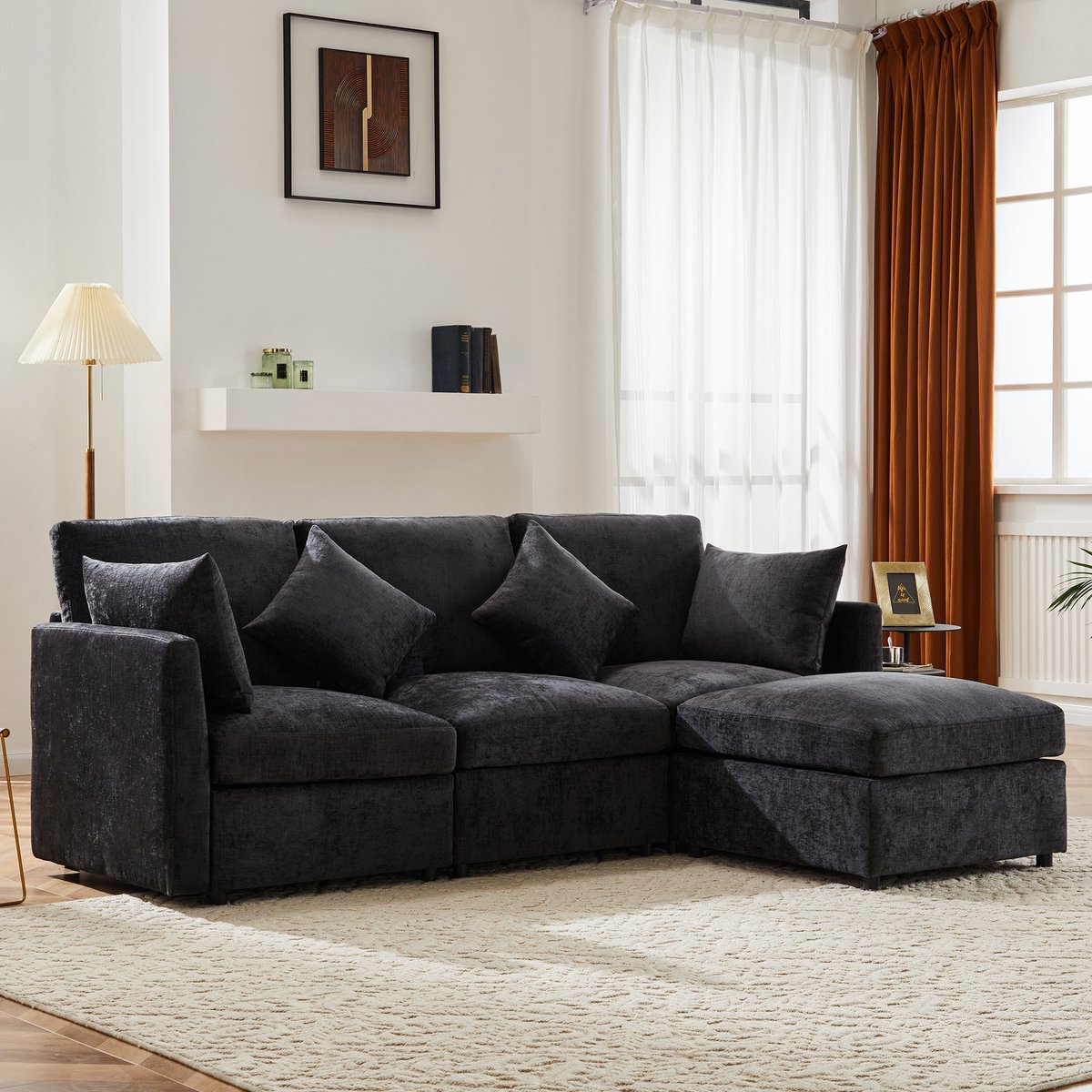 MEUNIQ Hoekbank modulair in L-vorm 216 x 161 x 81 cm, met verplaatsbare hocker en 4 kussens, chenille, grijs voor woonkamer