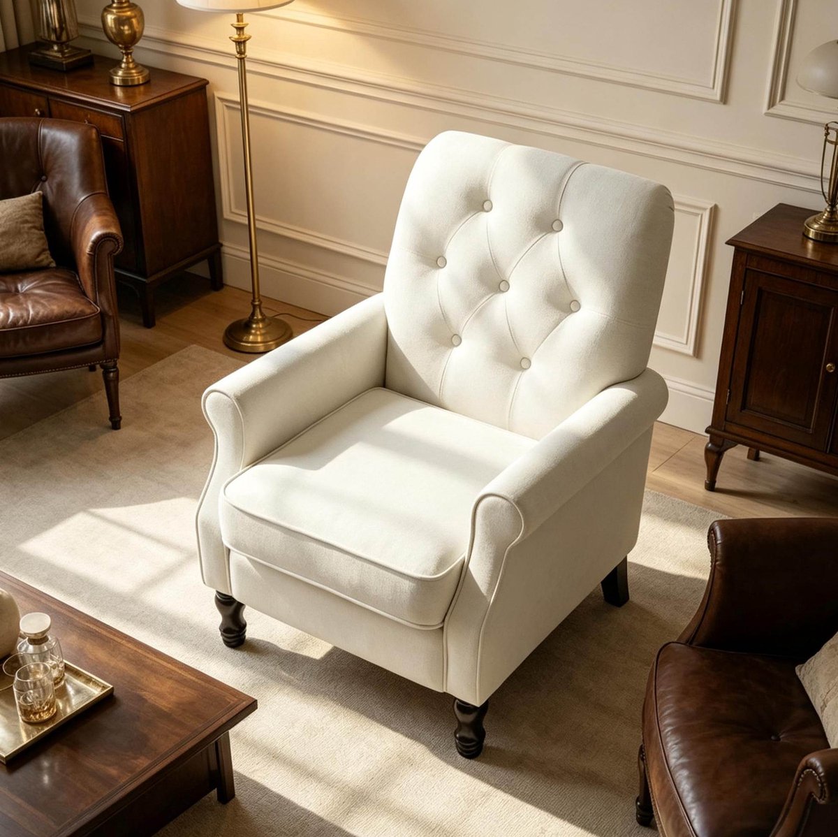 Fauteuil 1-Zits - Gevoerde Zitting Met Getufte Rugleuning En Armleuningen En Houten Poten - Voor Woonkamer En Leeshoek - Linnenlook Crème
