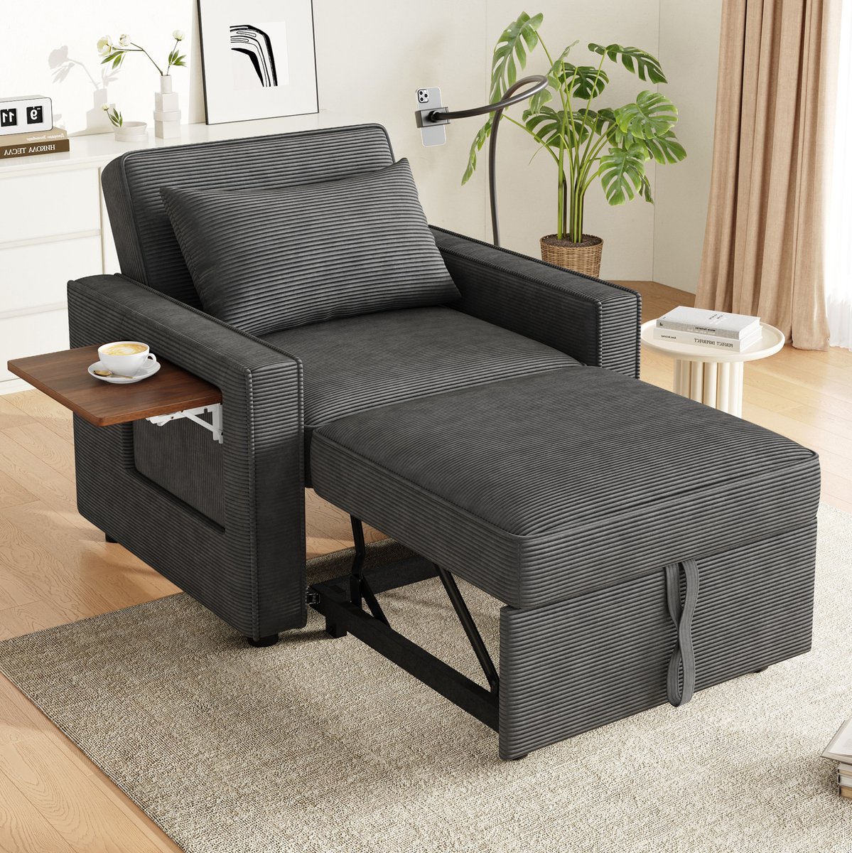 MEUNIQ 1-zits slaapfauteuil met verstelbare rugleuning, USB en Type-C, telefoonhouder, bijzettafel, opbergvakken, corduroy, grijs, voor woonkamer of slaapkamer