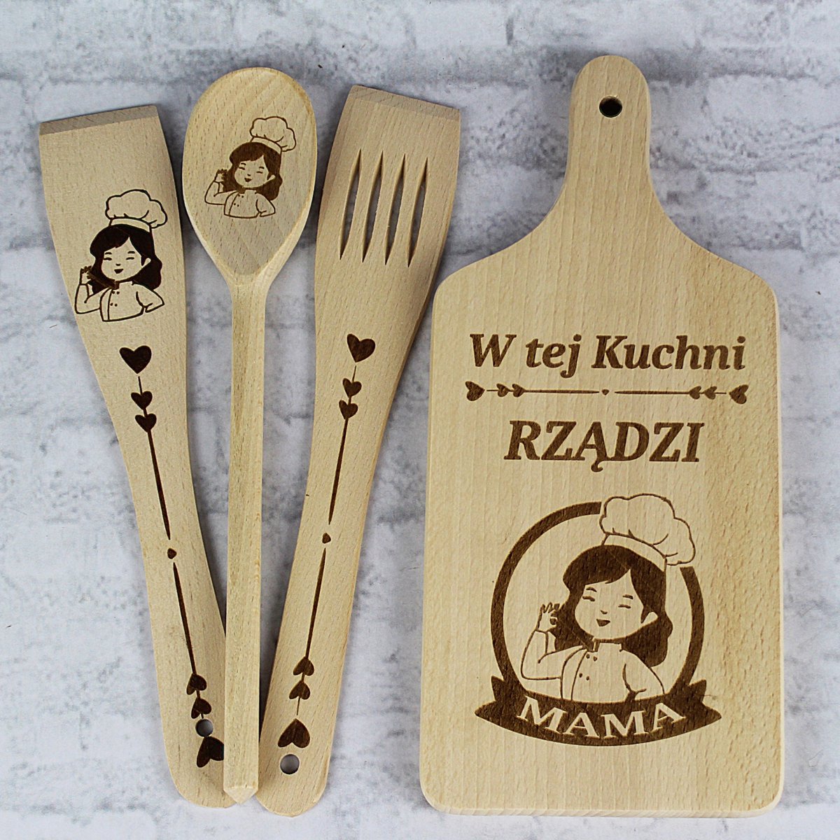 Keukengerei Set met Gravure 'Voor Mama' - Plank, Lepel & Spatels + Gratis Hanger