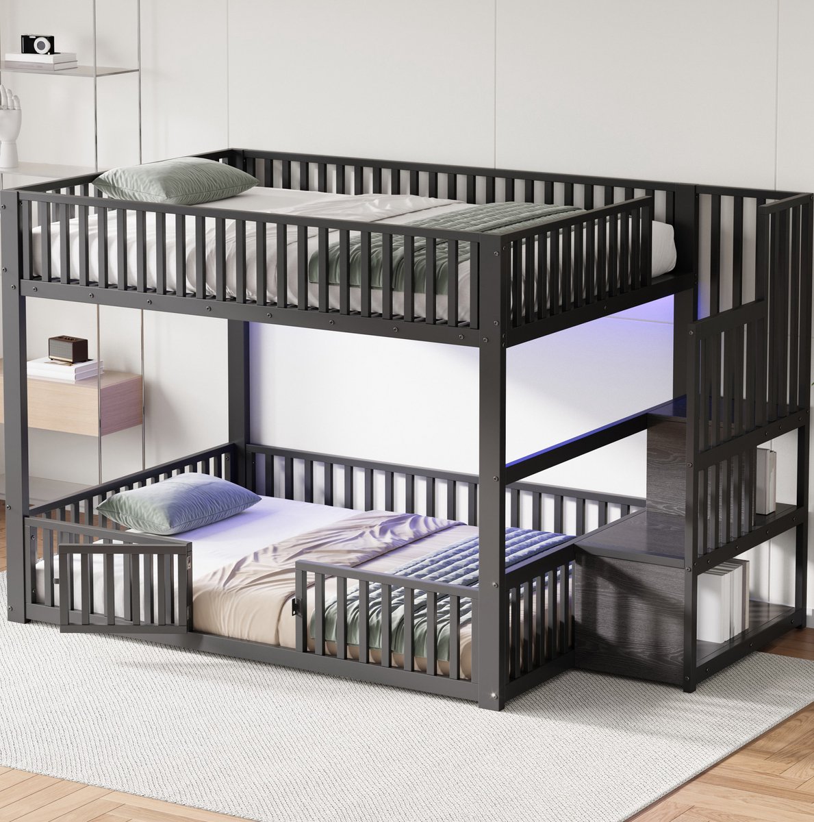 REDOM - Stapelbed - Met LED-verlichting - Met opbergtrap en veiligheidshekken - Moderne stijl - Kinderkamer - MDF en metaal - Zwart - 251 x 145 x 128,6 cm