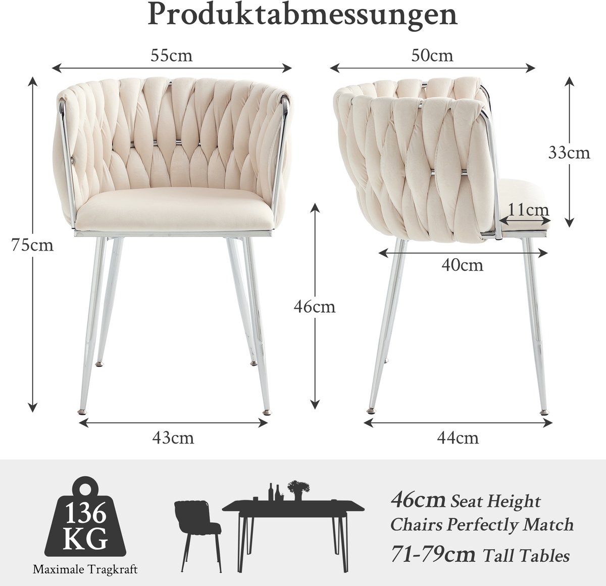 FloraGrace Eetkamerstoel – Opengewerkt Design Met Armleuningen – Set Van 2 – Velvet – Metaal – Ivory – Voor Eetkamer En Keuken