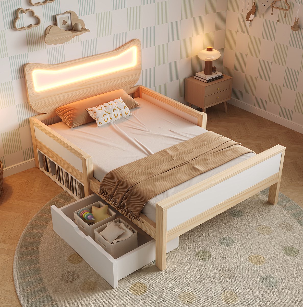 REDOM - Kinderbed - Kattenhoofdbord met RGB-ledverlichting - Lattenbodem en opberglade - Uitvalbeveiliging - Hout MDF - Wit en Eiken - 196 x 96,5 x 94 cm