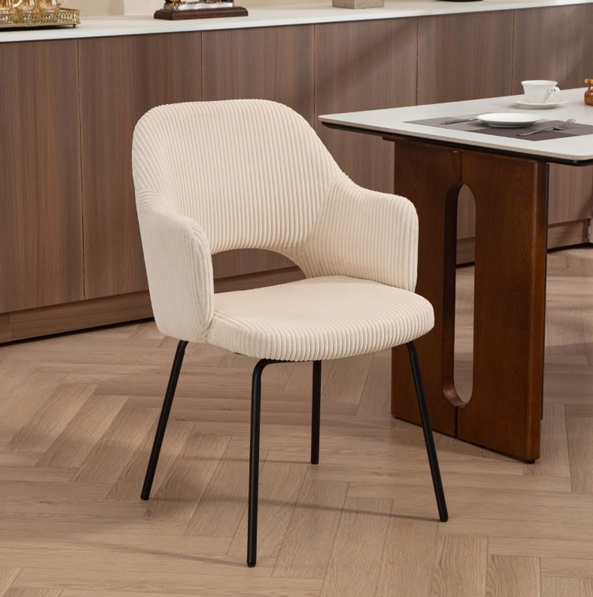 MODFU Eetkamerstoel - Kuipstoel - Ribstof - Metalen Poten - Beige
