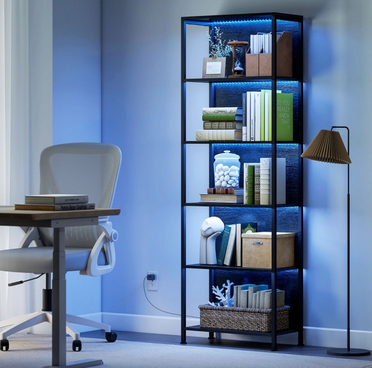 OKWISH Boekenkast – 60 x 30 x 179 cm – LED-Verlichting Met 7 Lichtkleuren – Hout En Staal – Zwart – Open Opbergruimte – Industrieel