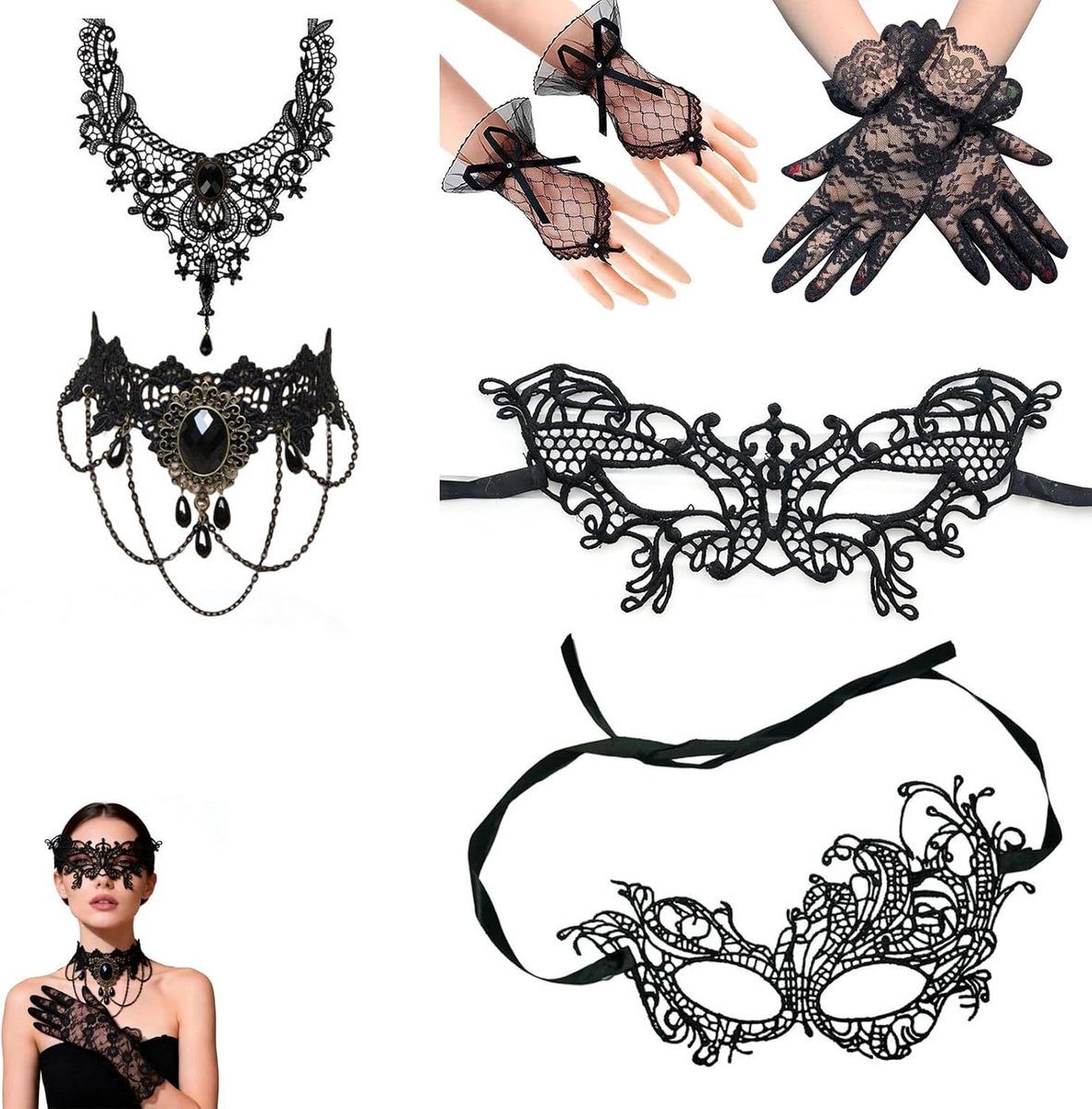 Venetiaans masker set 6-delig zwart kant - met handschoenen en kettingen - verstelbaar - SnelShoppen