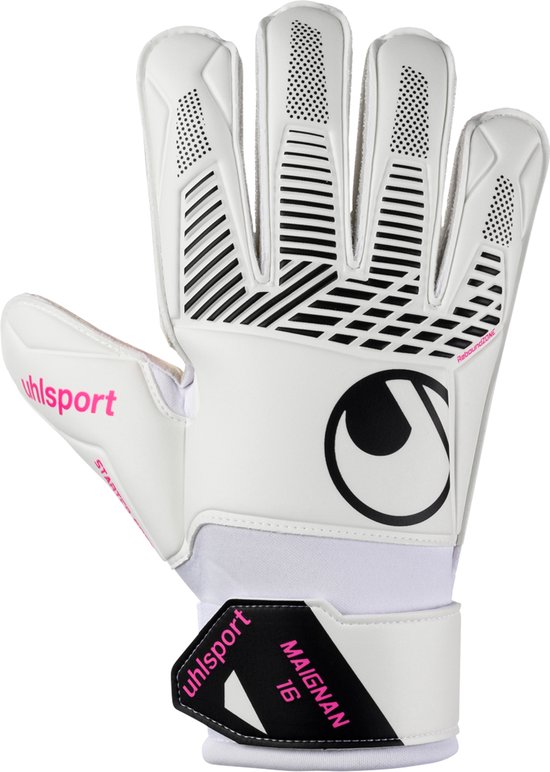 Witte keepershandschoen met zwart Uhlsport logo, roze accenten en 'MAIGNAN 16' op de polsband.
