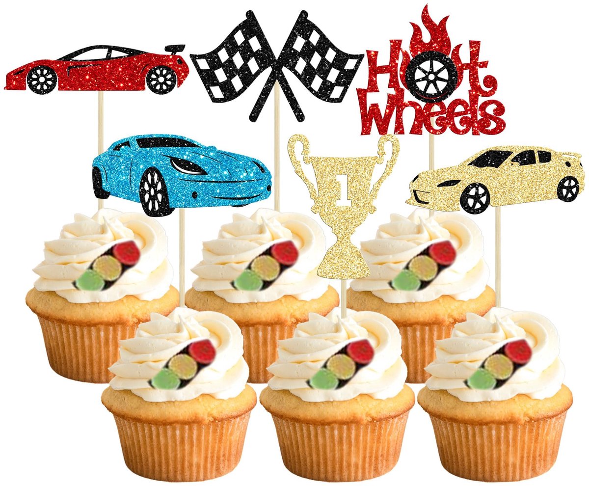 Racing Cake Toppers - 24 race-cupcake-toppers - racewagenthema - feestelijke taartdecoratie - ShopVlot