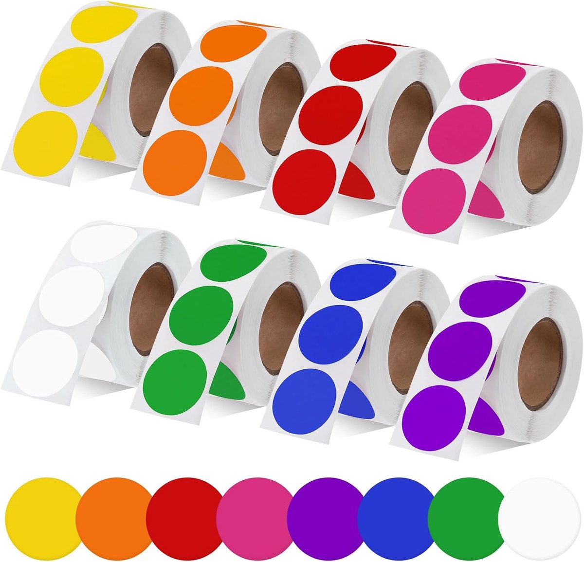 SnelShoppen - 4000 Stuks 8 Rollen 2.5cm Cirkel Punt Zelfklevende Waterdichte Stickers in 8 Heldere Kleuren, 500 Labels per Rol, Kleurgecodeerde Sticke
