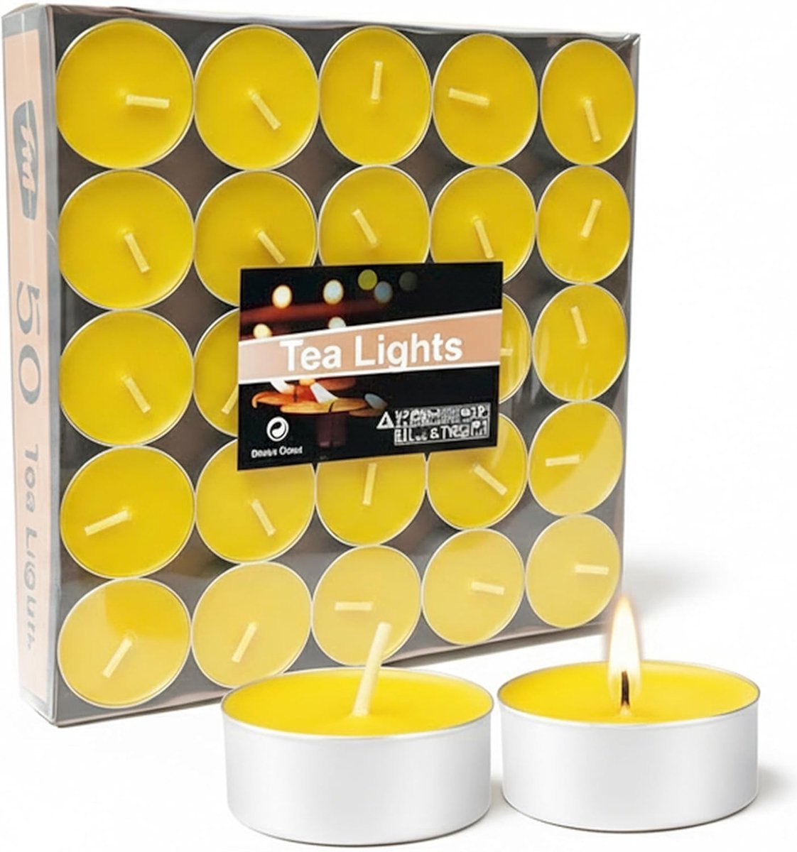SnelShoppen - Gele Theelichten 50 Stuks, Geurloos, 4 Uur Brandtijd, Ø 3.8 cm, Ideaal voor Tafelversiering, Feesten, Kerst, Restaurant en Gezellige Sfe