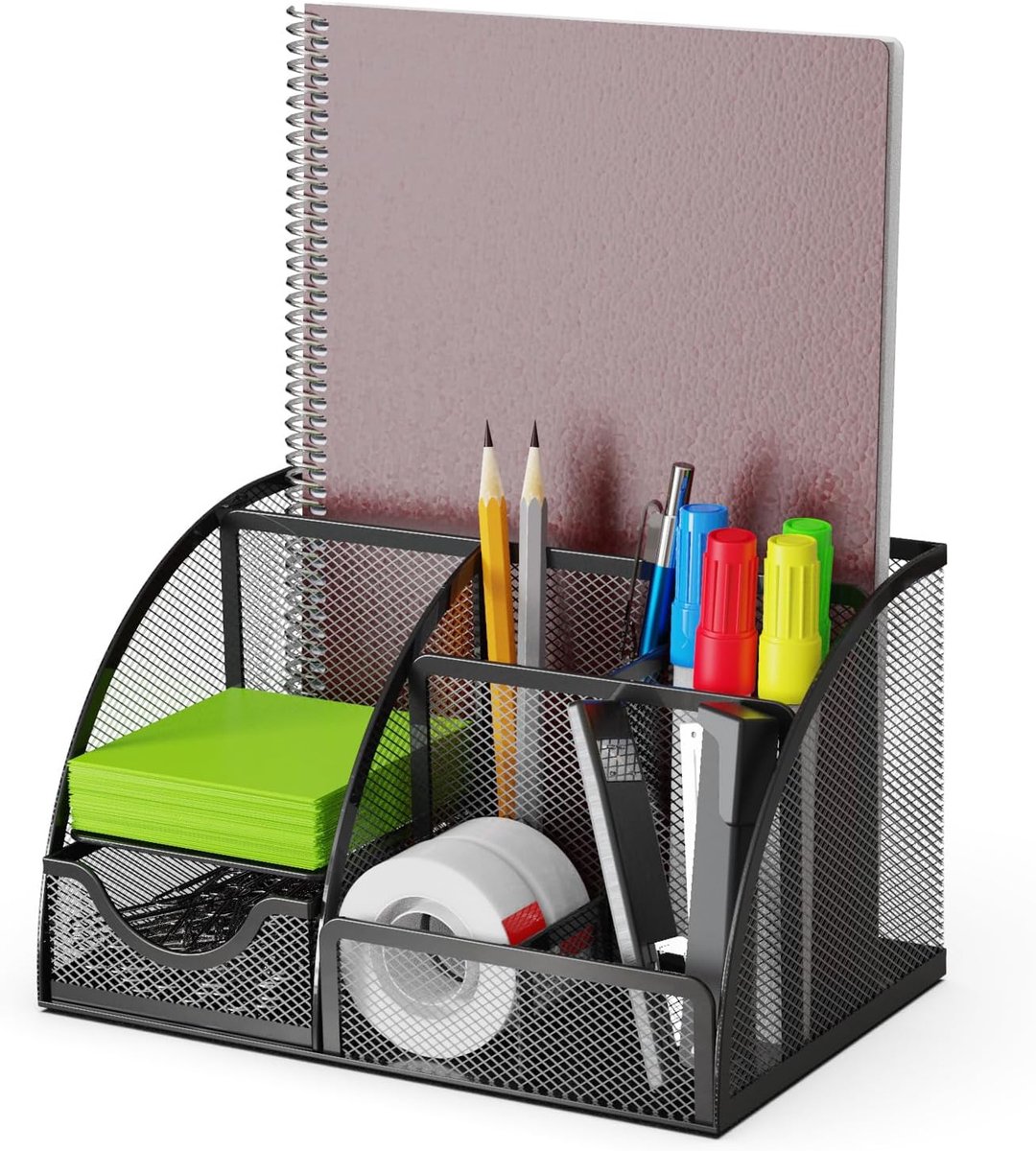 Bureau organizer met lade en 6 vakken - metalen mesh - multifunctioneel voor pennen en accessoires - ShopVlot