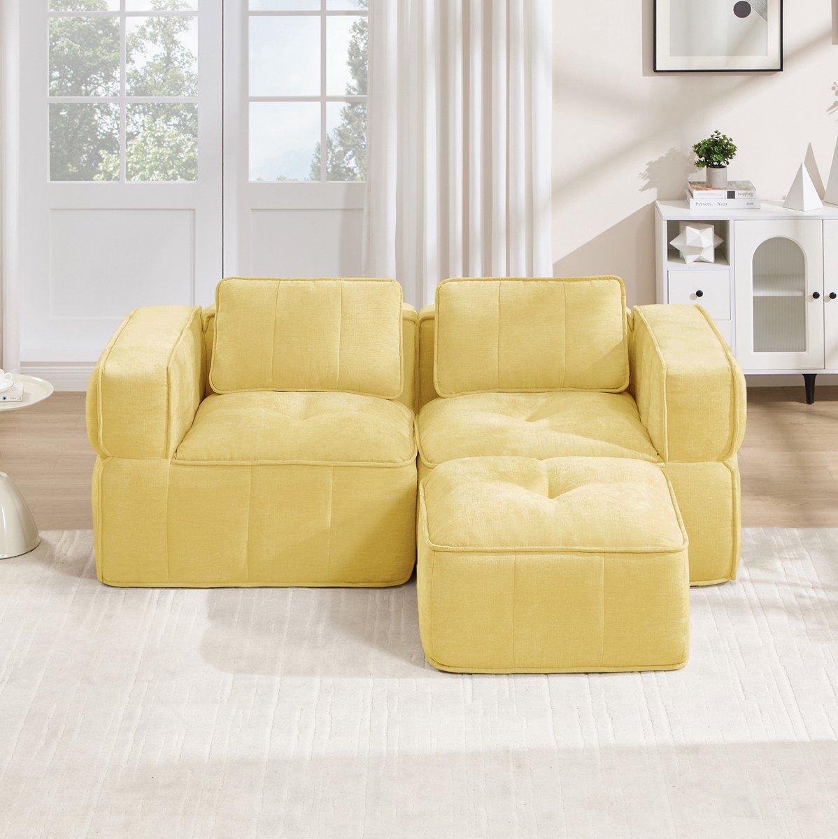 STILVORA Hoekbank 198 x 162 x 67 cm - Modulaire 2-Zits Met Hocker En Diepe Zitting - Voor Woonkamer En Appartement - Polyester Geel
