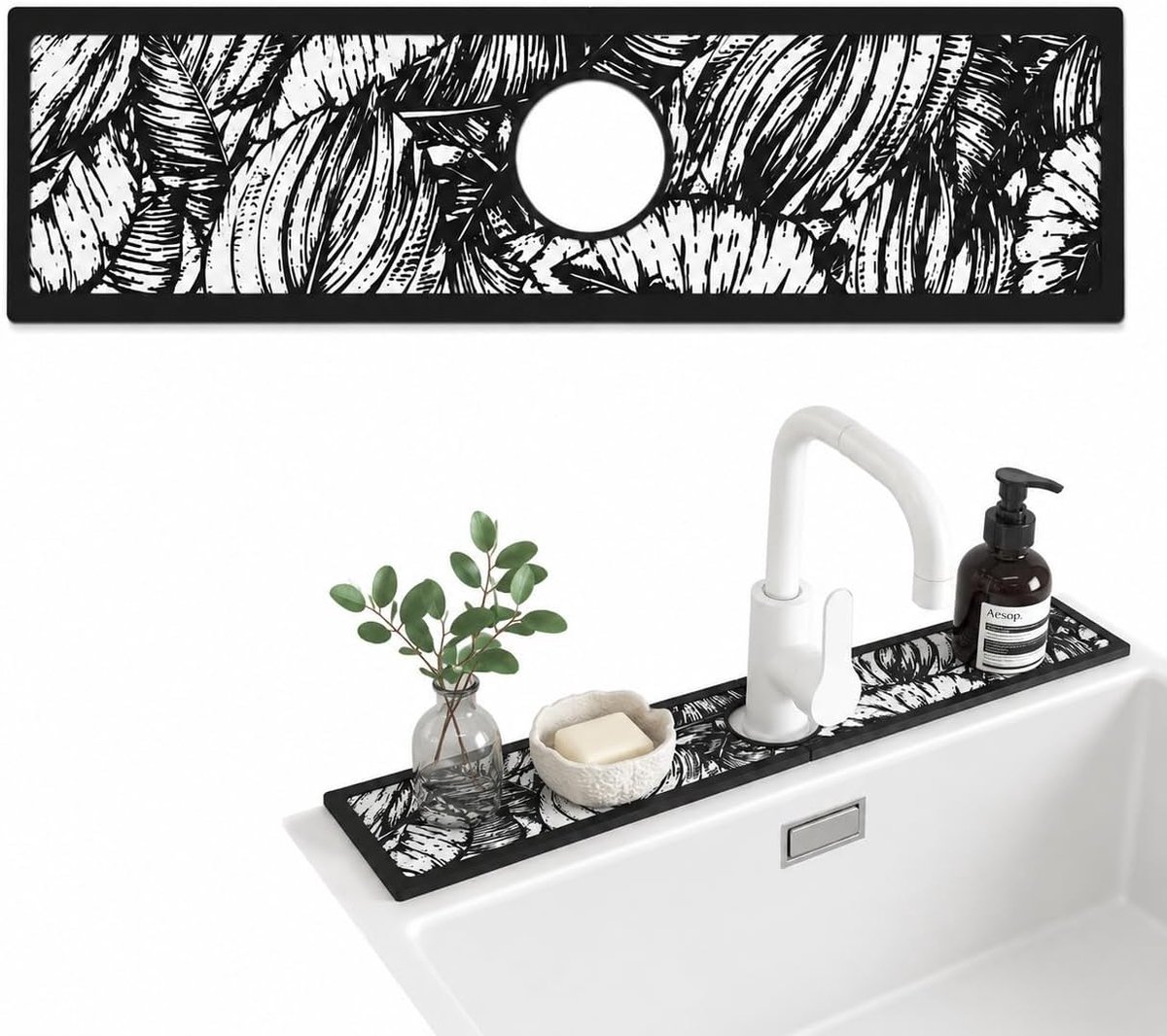 Badmat voor gootsteen 10 x 38 cm - kiezelstenen bladmotief - sneldrogend en absorberend - SnelShoppen