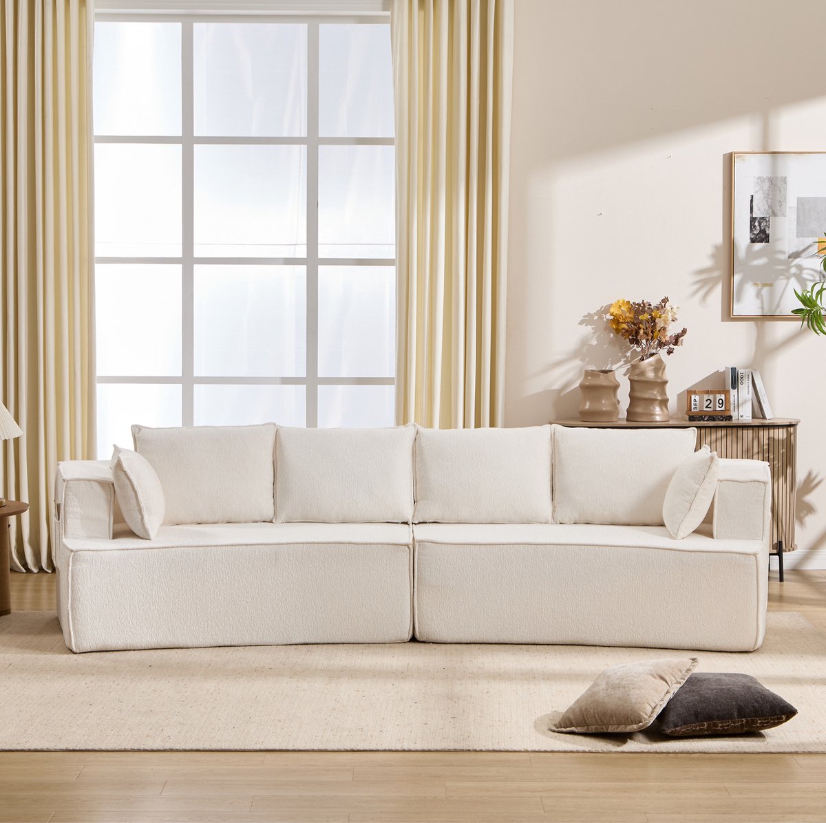 STILVORA Zitbank 4-Zits - Modulaire Bank Met Diepe Zit En Gebogen Vorm - Voor Woonkamer, Slaapkamer En Kantoor - Velvet Wit