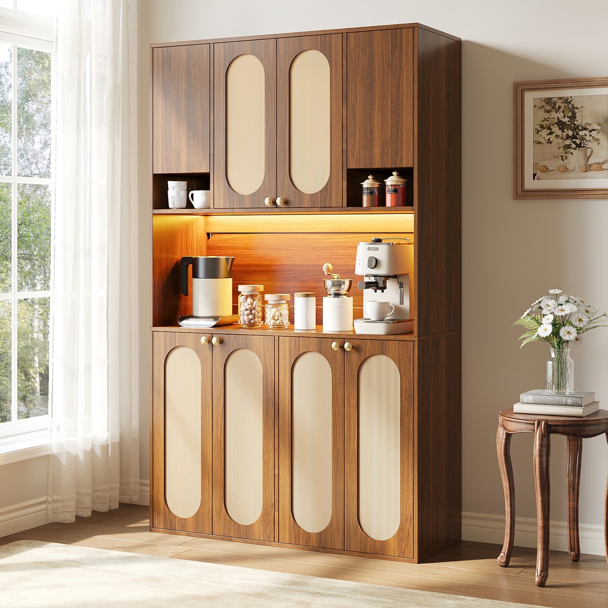 STILVORA Buffetkast - Hoge Opbergkast Met 8 Deuren En LED-Verlichting - Voor Eetkamer Woonkamer En Hal - Hout - 106x40x178 Cm - Natuurlijk