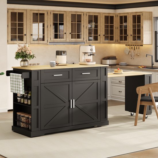 STILVORA Keukeninsel - Uittrekbaar Werkblad Met Stopcontact En Usb - Veel Opbergruimte Voor Keuken En Eetgedeelte - MDF - Zwart En Eikenlook - 130x50x93 Cm — afbeelding 4