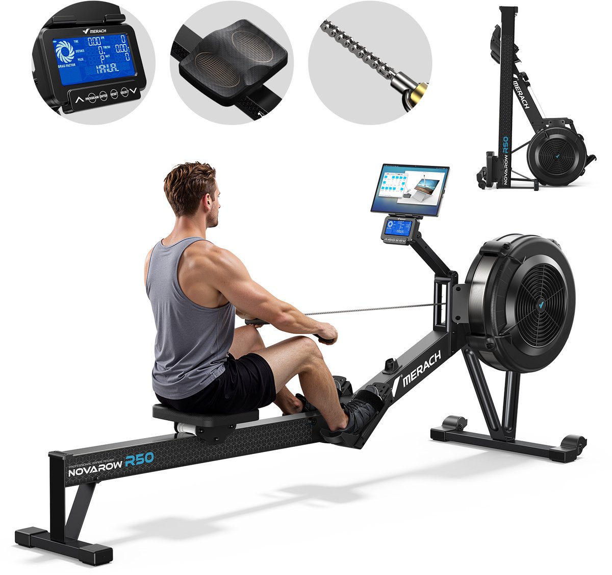 MERACH Luchtweerstand Roeitrainer - Inklapbare Air Rower met 10 Niveaus - Verstelbaar LCD-display met achtergrondverlichting - Bluetooth & App (Kinomap) - Max 158 kg Belastbaar - Verlengde Rail