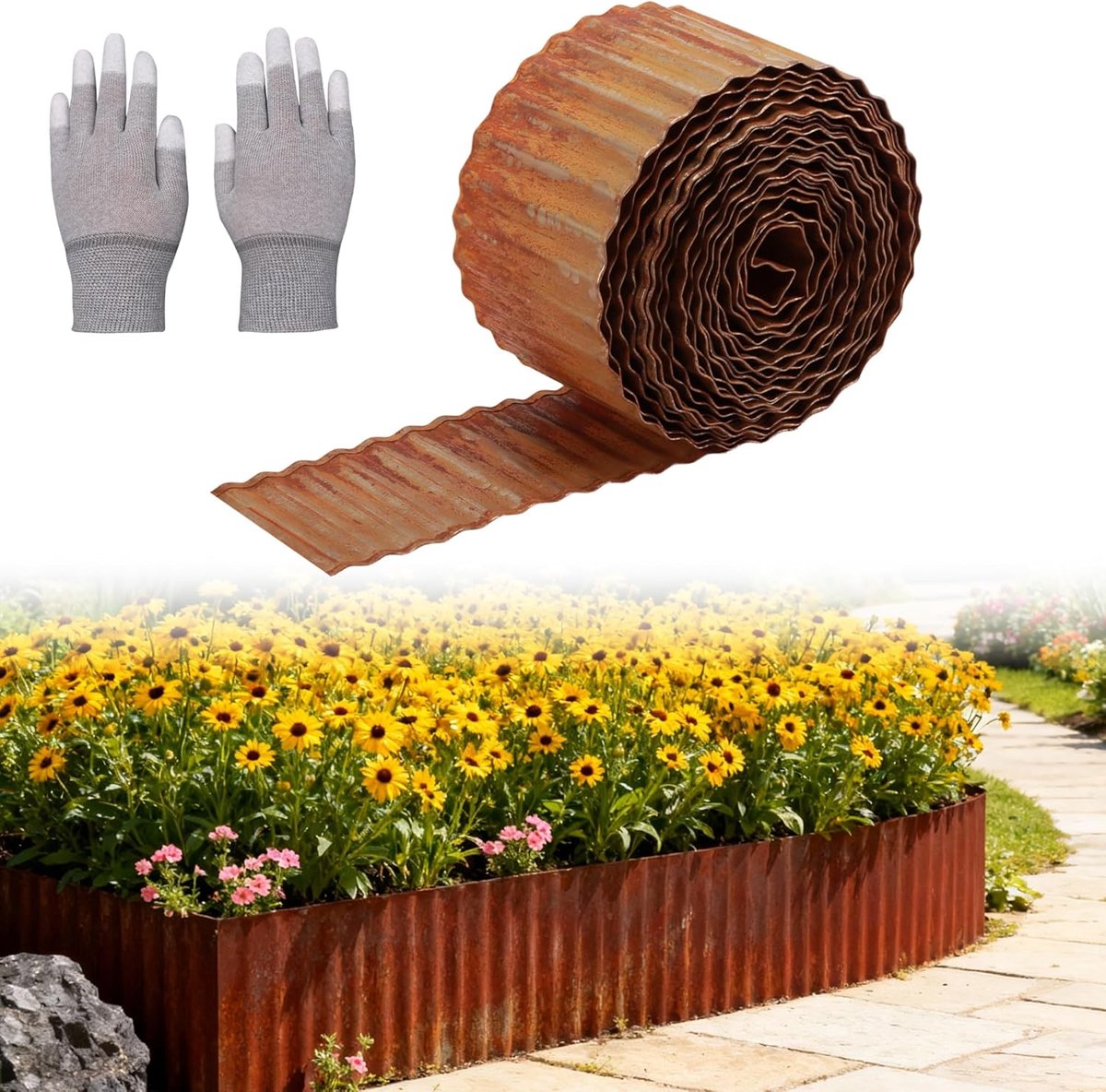 Golvende tuinrand 152 mm - voorgeroosterde staal - weerbestendig - ideaal voor perken - ShopVlot