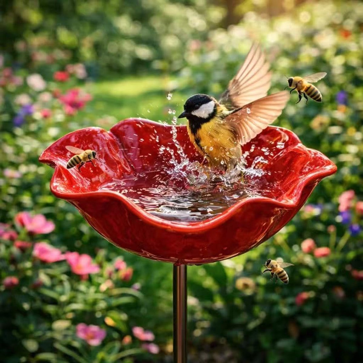 Tuinsteker vogelbad - handgemaakt met bloemen - winterbestendig - aantrekkelijk voor vogels en bijen - ShopVlot